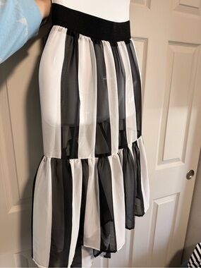 Sheer Black & White Striped Tiered Maxi Skirt